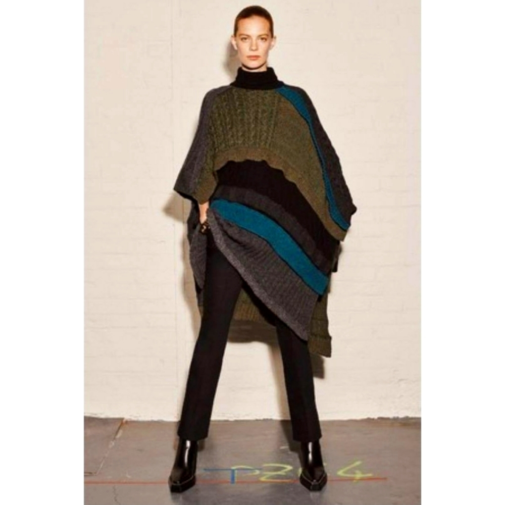 Zara Green and Blue Poncho Sweater with Color Blocking